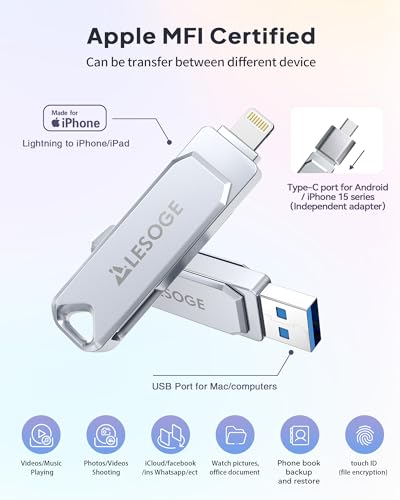 MFi Certified 128GB Flash Drive for iPhone Photo Stick USB Memory Stick Thumb Drives, High Speed USB Stick External Storage for iPhone/iPad/Android/PC