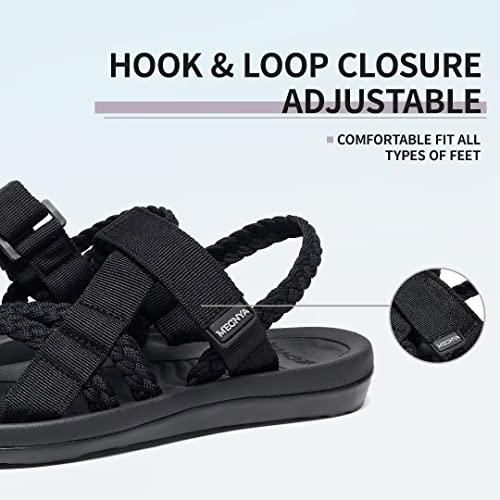MEGNYA Ladies Supportive Walking Dressy Sandals, Cushion Rubber Insole Sandals for Outdoor Adventure, Comfortable Flip Flop Water Sandals with Cute Hook and Loop Straps Black Grey Size 6