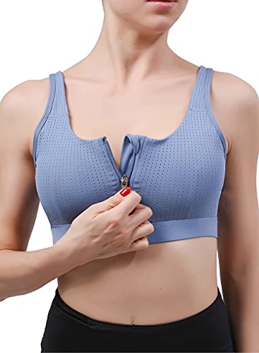 RUNNING GIRL Zip Front Sports Bra for Women,High Impact Adjustable Strap Criss-Cross Back Padded Workout Yoga Bra(2735,Blue,M)