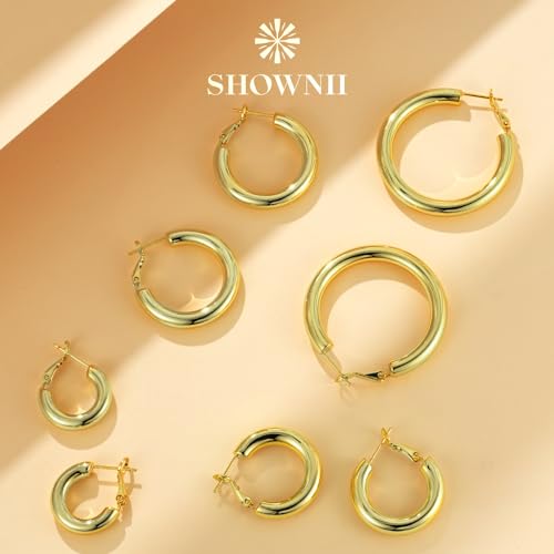 SHOWNII Chunky Silver Hoop Earrings - 14K Gold Plated Earrings for Women Hollow Tube Thick Hoops Graduation Gifts for Her