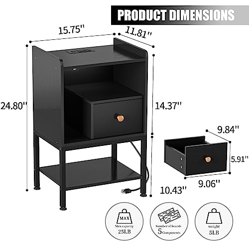 Gannyfer Nightstand with Charging Station,Night Stand with USB Ports and Storage Drawer,Modern 3-Tier End Side Table,Small Wood Bedside Table for Bedroom,Living Room,Black