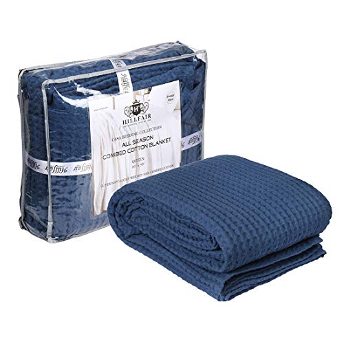 HILLFAIR 100% Combed Cotton Blanket– Twin Size Bed Blankets– Warm Soft All Season Breathable Lightweight Summer Blankets– Waffle Weave Home Decor Bed Blanket- Navy Twin Bed Cotton Blankets/Bedcovers