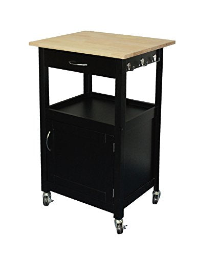 eHemco Kitchen Island Cart on Wheels with Drawer, Storage Cabinet, Shelf and Natural Solid Hardwood Top, Black Base