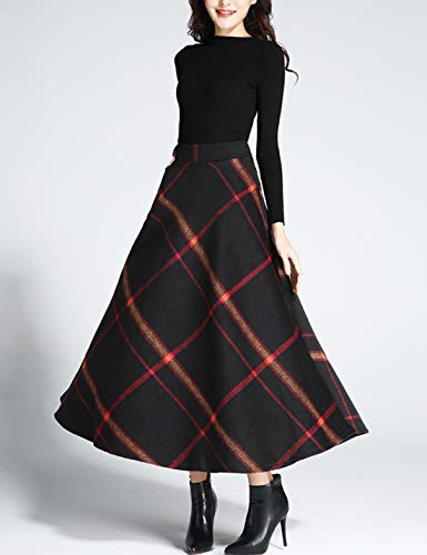 Tanming Women's Winter Warm Elastic Waist Wool Plaid A-Line Pleated Long Skirt (Black2-XS)