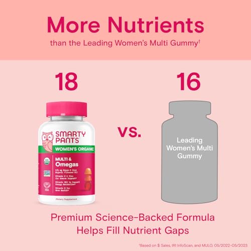 SmartyPants Organic Women's Multivitamin Gummies: Biotin, Methylfolate, Omega 3 (ALA), Vitamin D3, C, Vitamin B12, B6, A, K & Zinc, Inositol, Gluten Free, Vegetarian, 120 Count (30 Day Supply)