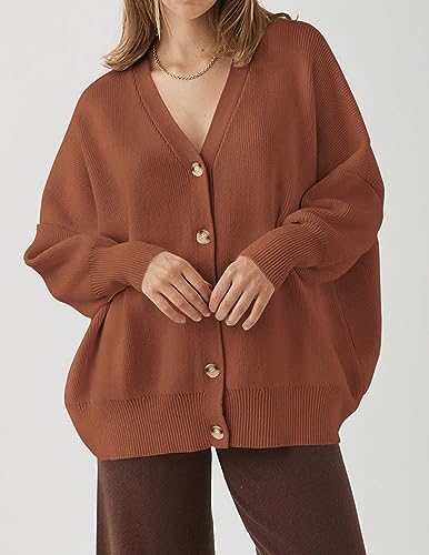 ZESICA Women's 2024 Casual Long Sleeve Cardigan V Neck Button Down Open Front Knit Loose Oversized Sweater Coat,Toffee,Medium