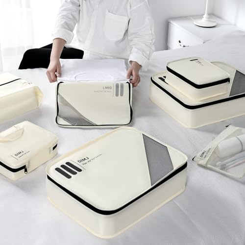 DIMJ Packing Cubes for Suitcases - Travel Cubes for Packing, Lightweight Luggage Packing Cubes, Suitcase Organizer with Laundry Bag, Shoes Bag, Toiletry Bag (Beige)