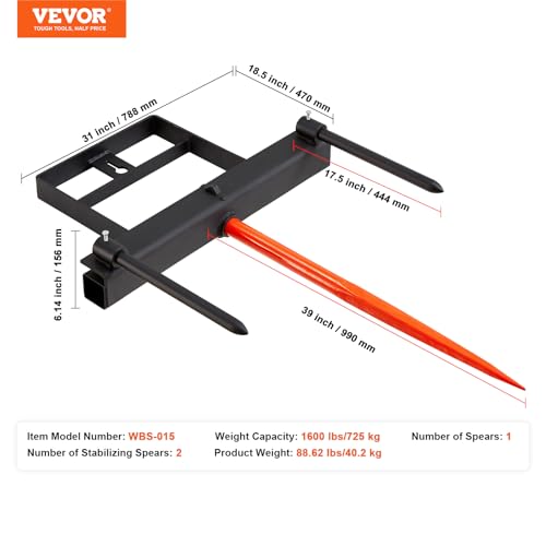 VEVOR 39" Hay Spear, Bale Spears 1600lbs Loading Capacity, Skid Steer Loader Tractor Bucket Attachment with 2pcs 17.5" Stabilizer Spears and 60" Chain, Quick Attach Spike Forks