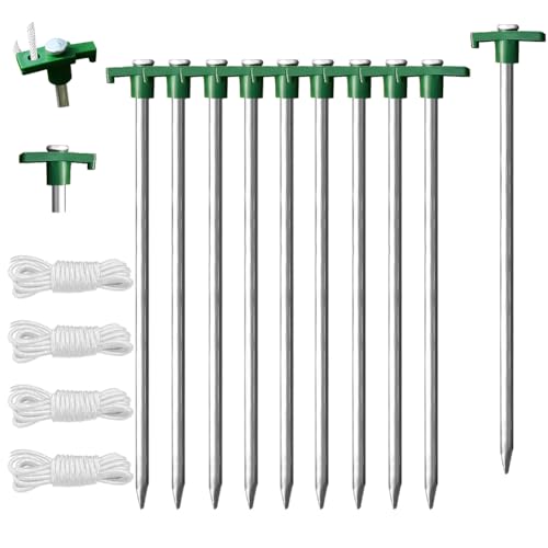 Eurmax USA Galvanized Non-Rust Camping Tent Stakes Canopy Anchors Heavy Duty 10pc-Pack, with 4x10ft Ropes & 1 White Stopper