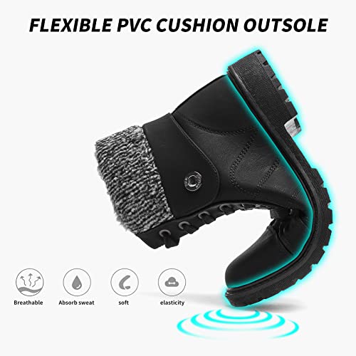 FRACORA Women's PU Leather Combat Boots Warm Fur Lined Black Ankle Booties Side Zipper White Boots Non-slip Waterproof Winter Boots(Black.US6)