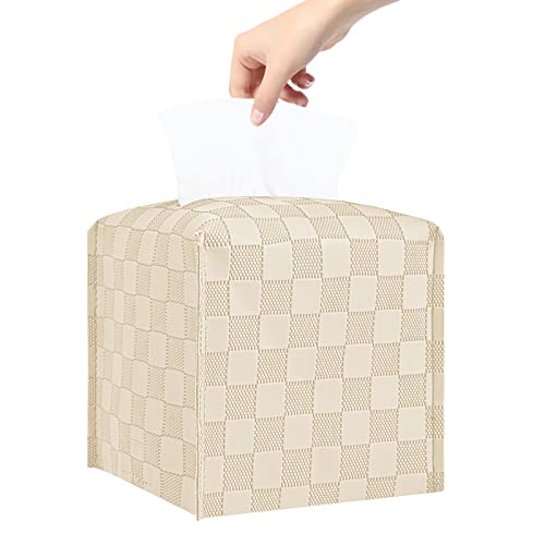 LeCorner Tissue Box Cover, Square Tissue Box Holder, PU Leather Tissue Holders Decorative, Modern Facial Paper Organizer Dispenser for Bathroom Car Office Home Neutral Decor,Grid Pattern 5x5x5''