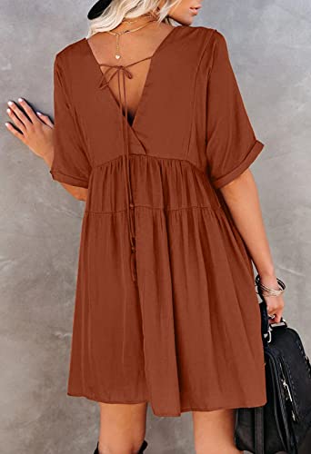 HUUSA Womens Summer Cute Babydoll Swing Flowy Tunic Dress 2023 V Neck Short Sleeve Casual Loose Solid Color Fashion Mini Shift Dresses XLarge Brown