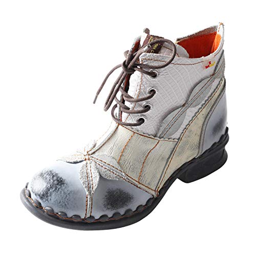 TMA EYES Women's Ankle Boots Low Heel Lace-up Side Zipper Fashion Leather Booties(White,6)