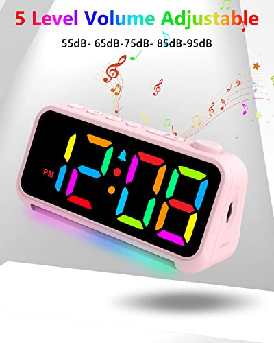 Digital Alarm Clock with LED Large Display USB Charger Port RGB Night Light - Small Desk Clocks for Kids Bedroom Decor Pink