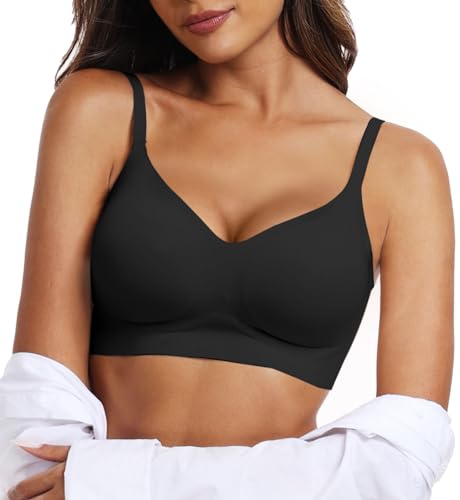OEAK Womens Push Up Everyday Bras Comfortable Wireless Bralettes V Neck Seamless Bra Smooth Brassiere Wire Free Basic Bras Black M