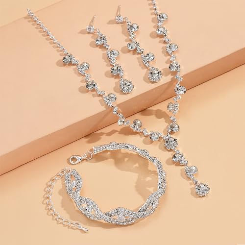 Dcfywl731 Silver Bridal Wedding Jewelry Set Rhinestone Necklace Earrings Bracelet Sets Prom Jewelry Sets Formal Costume Jewelry Accessories for Women and Brides