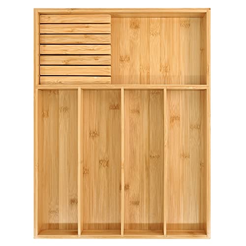 VaeFae Bamboo Silverware Organizer, Utensil Holder for Drawer, Wooden Cutlery Tray with Divider for Kitchen Drawer, Utensil Organizer with Knife Block(Black)