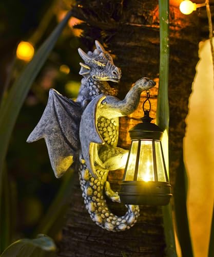 Fashionoda Dragon Tree Hugger with Solar Lantern - 9.3 Inch Resin Dragon Statue for Outside Garden Yard Decor,Unique Outdoor Dragon Gifts & Birthday Gifts for Mom Women Grandma