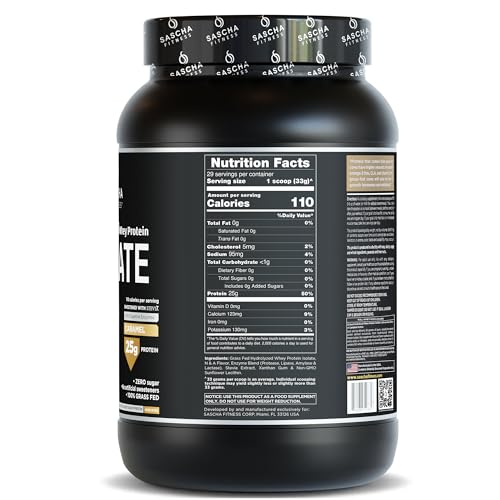 SASCHA FITNESS Hydrolyzed Whey Protein Isolate,100% Grass-Fed (2.11 Pounds) (Caramel Flavor)