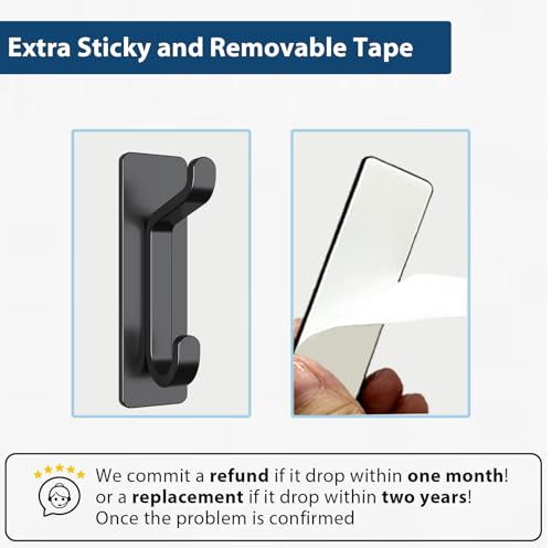 pickpiff Door Hook, Extra Sticky 10LB (Max), Stainless Holder for Hanging Towel, Coat, Cloth, Purse, Hat, Key, Black Wall Mounted Self-Adhesive Hanger for Shower Kitchen Bathroom Heavy Duty