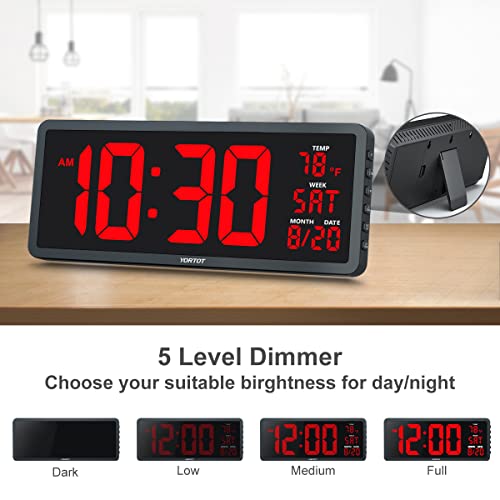 YORTOT 16β Large Digital Wall Clock with Remote Control - Adjustable Dimmer, 7 Color Night Lights, Big LED Clock with Indoor Temperature, Date, Auto DST, 12/24Hour, Wall Mount/Foldable Stand