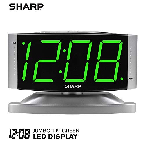 Sharp Home LED Digital Alarm Clock – Swivel Base - Outlet Powered, Simple Operation, Alarm, Snooze, Brightness Dimmer, Big Green Digit Display, Silver Case
