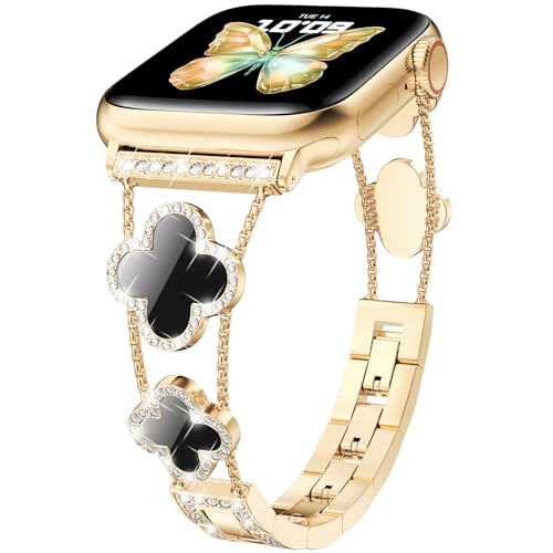 CTYBB Bling Womens Band Compatible with Apple Watch Band 40mm 41mm 38mm Series 9 8 7 6 5 4 3 2 1 SE, Sparkle Diamond Replacement Bracelet Wristband, Cute Lucky Clover Dressy iWatch Band,Gold/Black