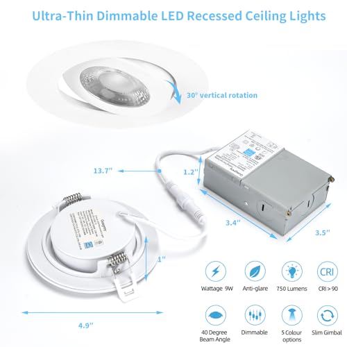 4 Inch Led Recessed lights ,Ultra-Thin Adjustable Eyeball Gimbal LED Recessed Lighting, with Junction Box 9 Watts,750lm, Dimmable geiling light ETL (2700K/3000K/3500K/4000K/5000K Option, 4pack)