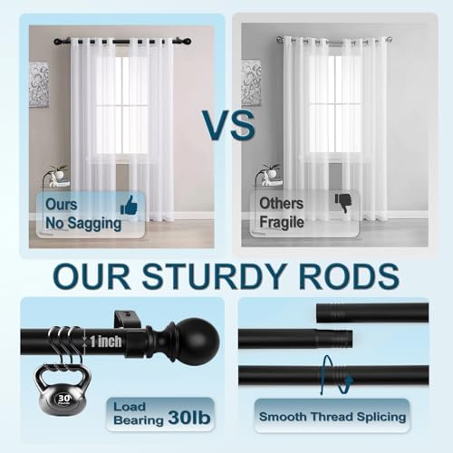 TEAKMAMA 1 Inch Black Small Curtain Rods for Windows 18 to 28 Inches(1.5-2.3ft), Heavy Duty Window Curtain Rods, Adjustable Decorative Curtain Rod with Ball Finials, 16''-28''