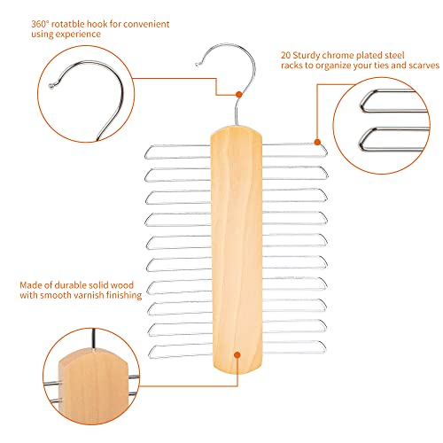 Amazon Basics 20 Bar Wooden Tie Hanger & Belt Rack - Natural, 2-Pack