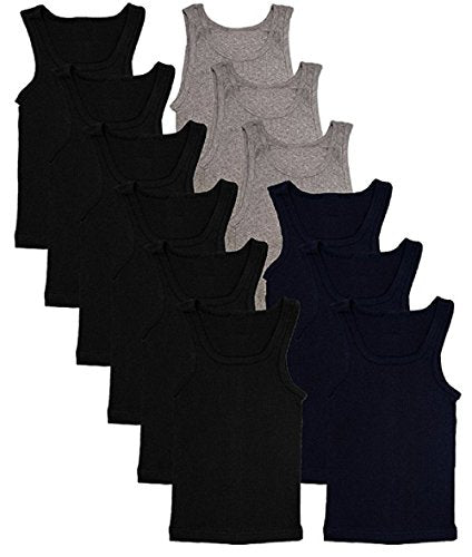Andrew Scott Basics Boys' 12 Pack Color A-Shirt Sport Tank Top Undershirts (12 Pack - Black/Gray/Navy, X-Small)