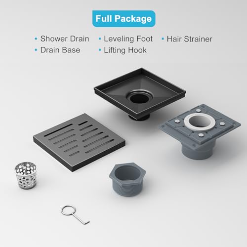 4 Inch Square Shower Drain, EMBATHER 304 Stainless Shower Floor Drain and Shower Drain Cover Included Hair Catcher and Leveling Feet, Black