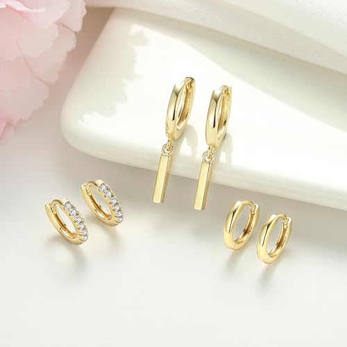 DAILY VIBES Small Gold Hoops Huggie Earrings for Women 14K Real Gold Plated Mini Bar Dangle Dainty Cubic Zirconia Cartilage Earring Hypoallergenic Hoop Earrings Set for Women
