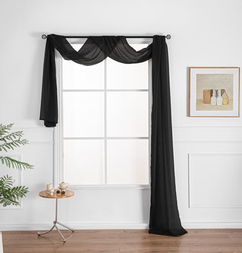 WPM Black Window Scarf Extra Long Sheer Window Scarf Valance. 38”W x 216”L Valances Voile Swag for Windows- Living Room, Kitchen, Wedding Arches, Bedroom Décor, Events. Fully Stitched and Hemmed