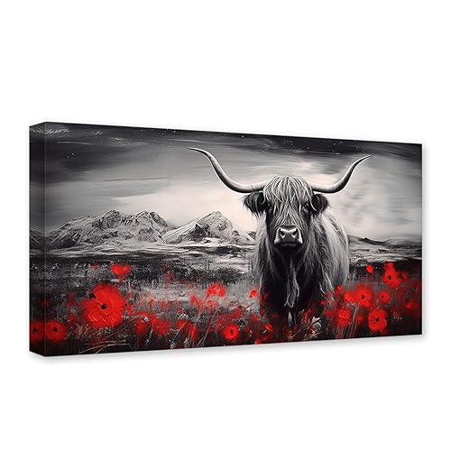 DOARTDO Highland Cow Canvas Wall Art Animal Painting Print Black and White Cattle and Red Flowers Picture Farmhouse Decor Frame (12.00" x 24.00", Highland Cow - 1)