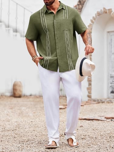 Runcati Mens Linen Shirt Guayabera Cuban Short Sleeve Button Down Summer Beach Hippie Shirts Beige