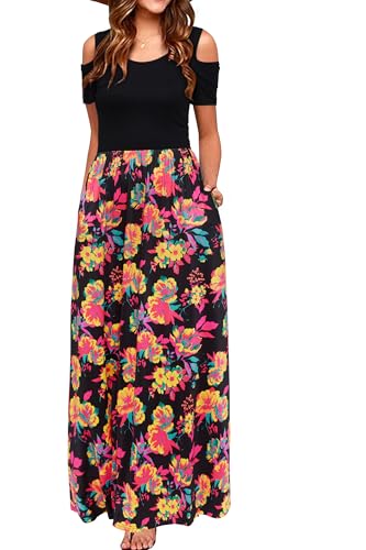 STYLEWORD Womens Dress Summer Floral Wedding Guest Maxi Long Boho Cold Shoulder Casual Plus Size 2025(Floral21,S)
