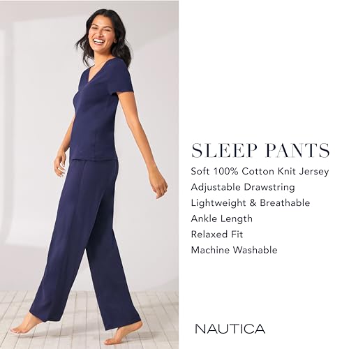 Nautica Womens Sleep Pants - Long Length, Breathable Pajama Bottoms - Cotton Knit Jersey Sleepwear and Loungewear - Black - Small