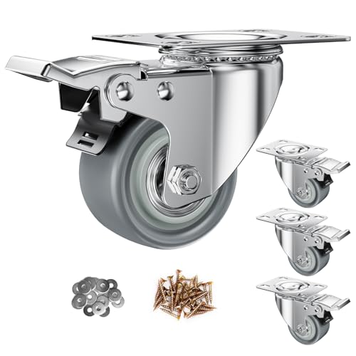2 inch Caster Wheels, Casters Set of 4 Heavy Duty Locking Castors, Swivel Casters with Brake (Top Plate), Non Marking Grey TPR Castor Wheels for Cart Furniture Workbench