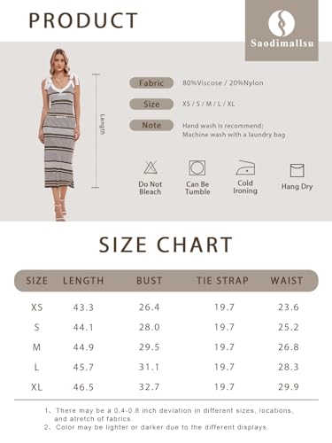 Saodimallsu Womens Summer Midi Bodycon Sweater Dress Sexy V Neck Tie Shoulder Striped Knit Side Slit Sleeveless Tank Dresses Black