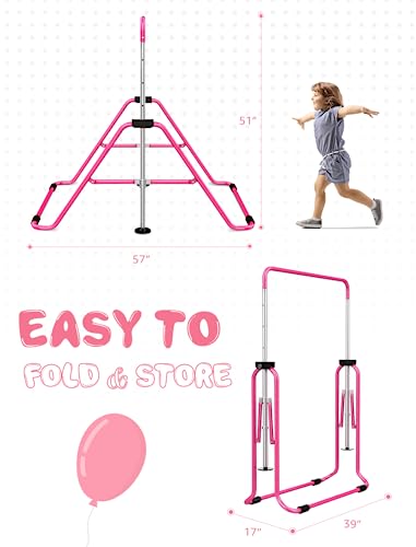 Sportsroyals Gymnastics Bar for Kids,Adjustable Height Gymnastic Horizontal Bars,Folding Gymnastic Junior Training Kip Bar for Home, Pink (Pink)