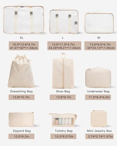 TRAILKICKER 9 Set Packing Cubes for Carry on Suitcase Travel Organizer Bags for Luggage Suitcase Organizer Bags Packing Cube Set for Packing Women Men (Beige)