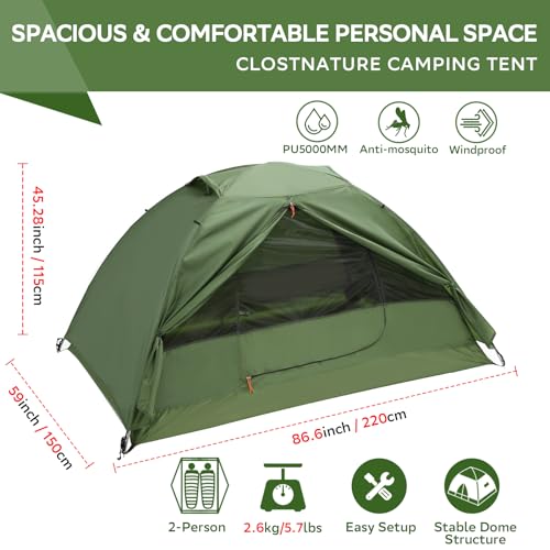 Clostnature Crux Lightweight Tent for Backpacking - 2 Person Ultralight Backpacking Tent, Waterproof Easy Setup Camping Tent, Hiking Tent for Outdoor, Hiking and Mountaineering