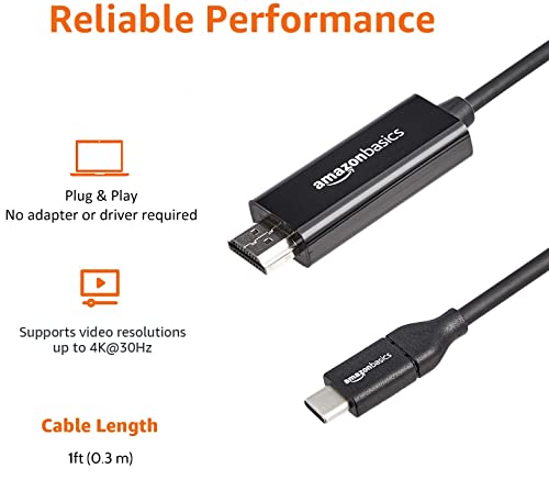 Amazon Basics USB-C (Source) to HDMI (Display) Cable Adapter (Thunderbolt 3 Compatible) 4K@30Hz, 6-Foot, Black