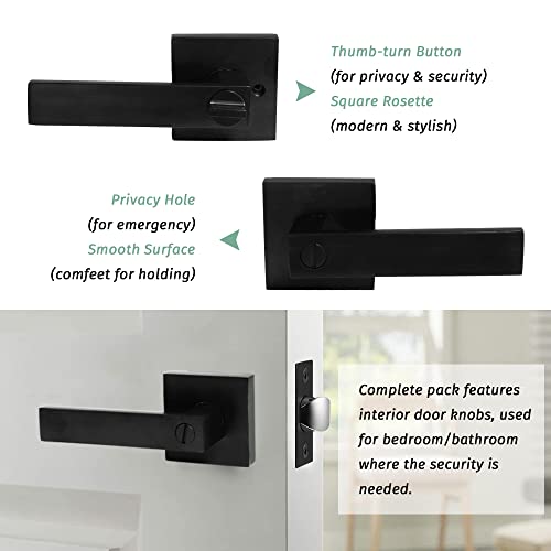 SUNTAI Privacy Door Lever Keyless Matte Black Interior Bathroom/Bedroom Handle Door Lockset,Reversible for Left Right Side Handed,1 Pack