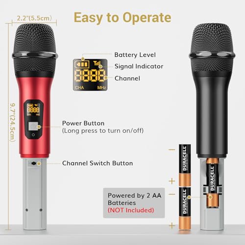 TONOR Wireless Microphone System, Professional Metal Cordless Karaoke Microphones, Handheld Dynamic Mic Set with Receiver for Party, Meeting, KTV, Church, DJ, Wedding, Singing, 200ft, TW820 Black