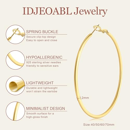 IDJEOABL Gold Hoop Earrings for Women Trendy Non Tarnish Medium Gold Hoops Thin 14K Gold Plated Hoop Earrings Lightweight 40mm