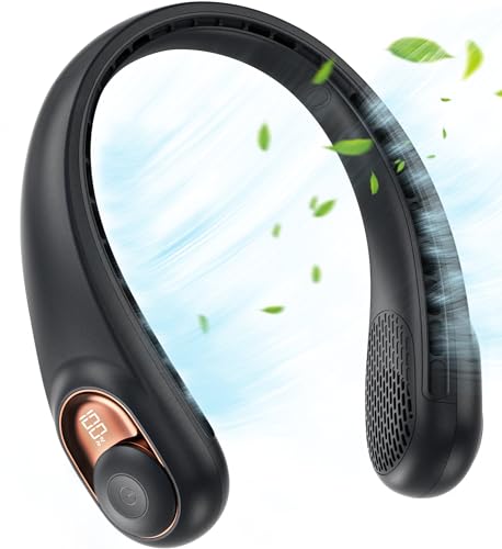 JIAGE Neck Fan, Portable Neck Fan Rechargeable, 5200mAh Battery Operated, LED Display, 360-Degree Cooling, 3 Speeds, Quite, Bladeless Design Neck Fans, Personal Neck Cooler, Black