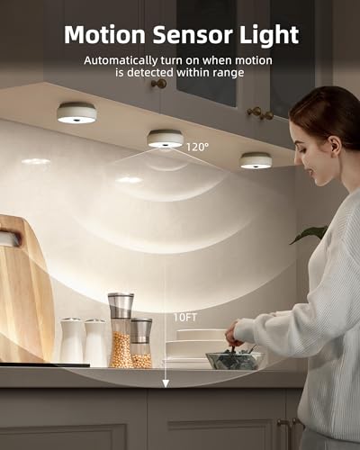 EZVALO Under Cabinet Lights, 2 Color Temps Motion Sensor Puck Lights, 1200mAh Rechargeable Puck Lights, Group Control LED Closet Lihgts, Dimmable Under Counter Lights for Kitchen, Cabinet (3 Pack)