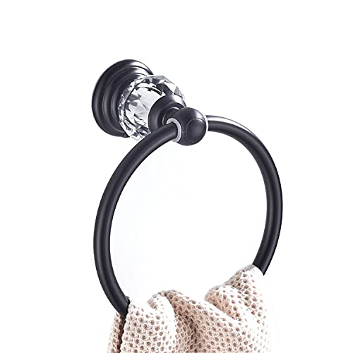 WINCASE Crystal Towel Ring, Black Hand Towel Holder, Bathroom Round Towel Hanger Racks Wall Mount Matte Black